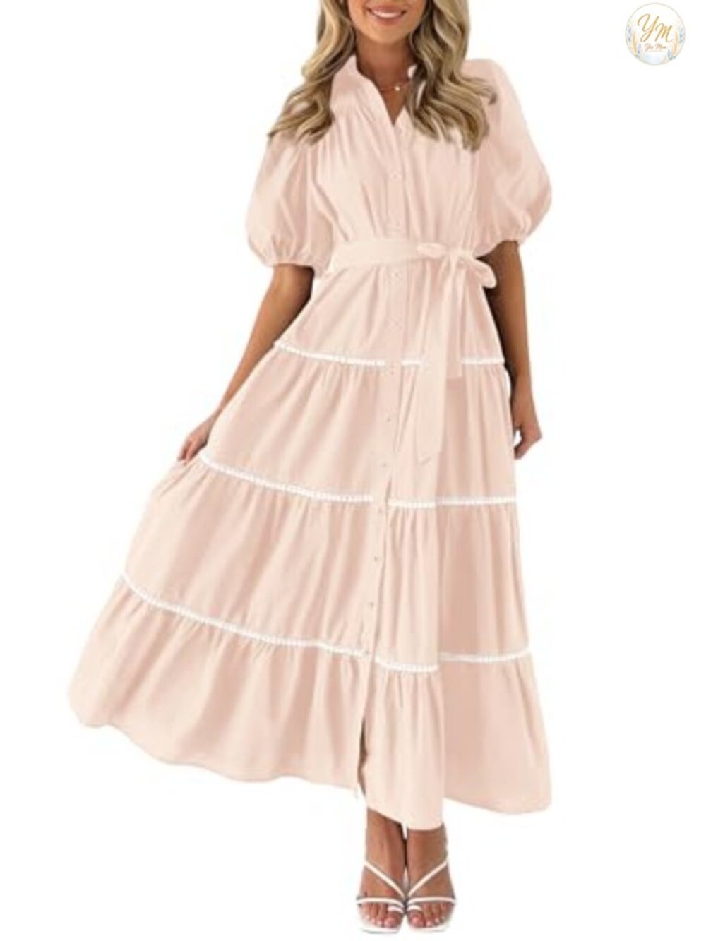 Women's Summer Tiered Maxi Shirt Dress Button Down Collared Pockets
